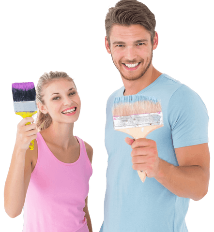Smiling Couple Holding Paintbrushes Transparent Background