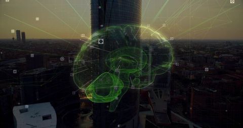 Projecting neon brain hologram floating above cylindrical tower over dusk city skyline