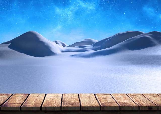Snowy mountains under a starry night sky with a wooden boardwalk in the foreground creates a striking combination. Useful for winter travel advertisements, holiday greeting cards, nature-themed backgrounds, and seasonal promotional material. Ideal for expressing winter wonderland vibes and serene nighttime snowy landscapes.