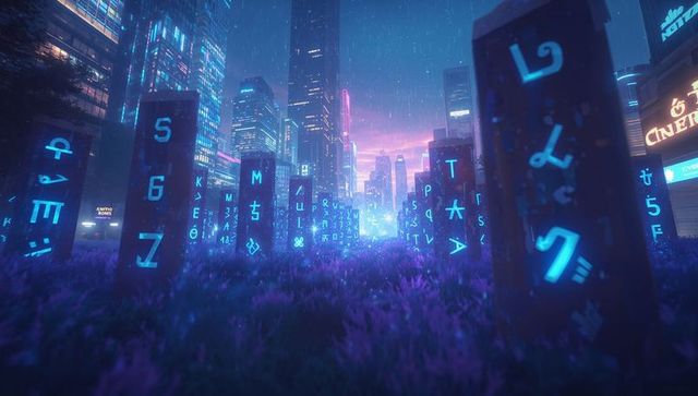 Neon Glyphs in Cyberpunk Skyline during Nighttime Rain