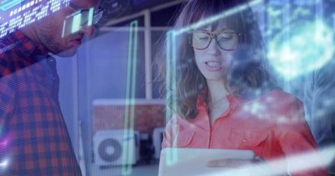 Team collaboration with holographic projections on corporate rooftop