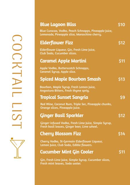 This iIllustrated cocktail menu features a variety of signature drinks listed with their ingredients and prices. Ideal for use by bar owners, event planners, and graphic designers creating stylish beverage menus for restaurants, bars, or special occasions.