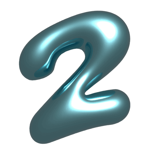 Transparent glossy metallic teal numeral 2 floating, reflective chrome balloon 3d element