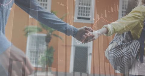 Financial Charts Overlaying Romantic Walk Depiction