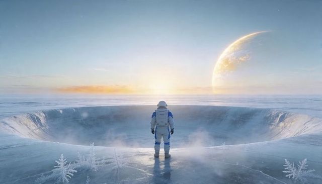 Astronaut standing on icy crater rim watching distant planet sunrise