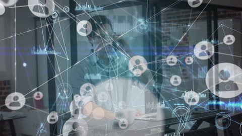 Businessman Analyzing Data with Network Overlay in Office