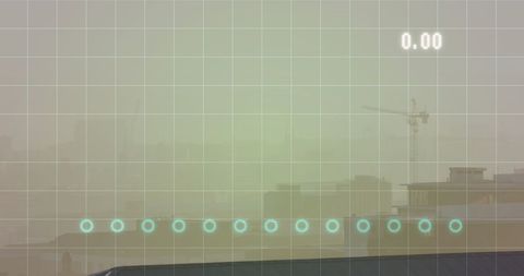 City Skyline with Digital Data Overlay in Foggy Atmosphere