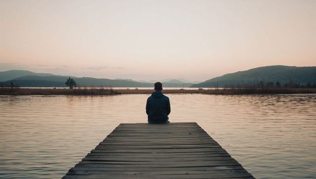 Solitary figure sitting on wooden dock at sunrise, watching calm lake and distant hills
