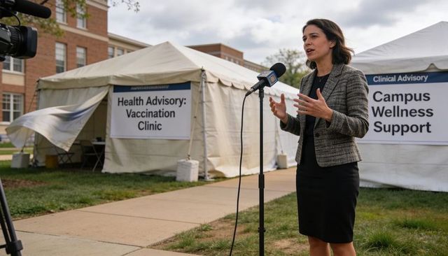 Campus official speaking at vaccination clinic press briefing with wellness support tents