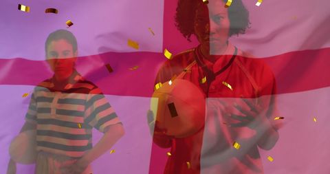 Diverse rugby players celebrating with england flag and confetti