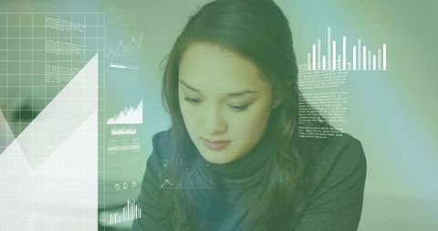 Woman Analyzing Data With Floating Charts and Graphs