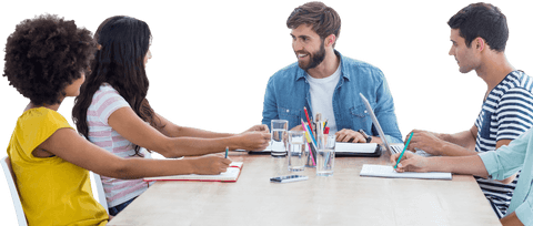 Transparent Team Collaborating in Office Meeting with Smiling Colleagues