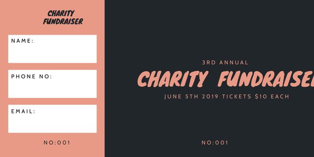 This bold charity fundraiser ticket template is designed to boost participation in charity events and local raffles. It features fields for name, phone number and email, making it suitable for various events. The customizable and stylish layout ensures it attracts attention and drives engagement. Perfect for charity organizations, event planners, and community groups looking to organize successful fundraising events and raffles while maintaining a professional appearance.