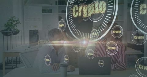 Business Experts Discussing Cryptocurrency in Modern Office