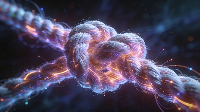 Glowing knotted fiber-optic braid emitting neon light trails, sparks and futuristic energy