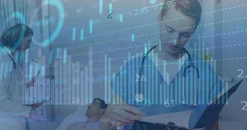 Medical Professionals Analyzing Data with Hospital Scene Overlay