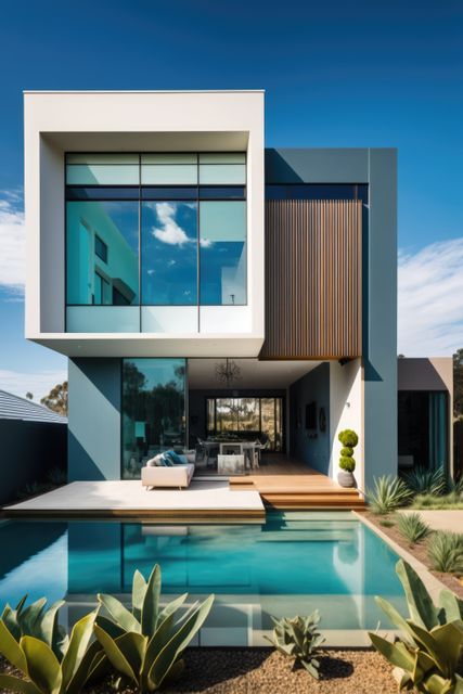 Photo showcases exterior view of modern, luxury home with large windows and a pool. Can be used for real estate advertisements, architectural design inspiration, luxury lifestyle content, home and garden editorials, or modern living promotions.