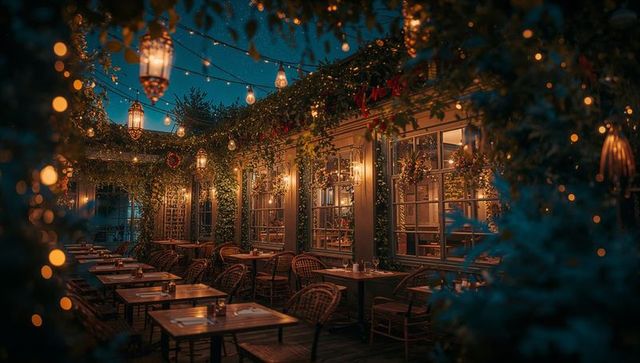Cozy evening terrace dining with warm ambiance amid string lights