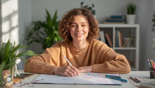 Young woman sketching in sunlit home office with planner stylus and art supplies