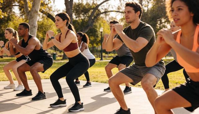 Outdoor group workout squatting together in sunlit park building strength