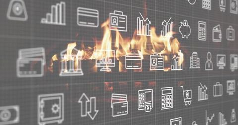 Burning data overlaying business and finance icons on transparent grid, abstract risk