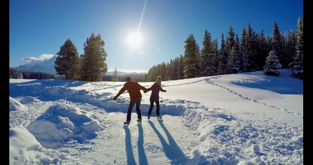 Couple Holding Hands Ice Skating in Winter Landscape - Download Free Stock Images Pikwizard.com