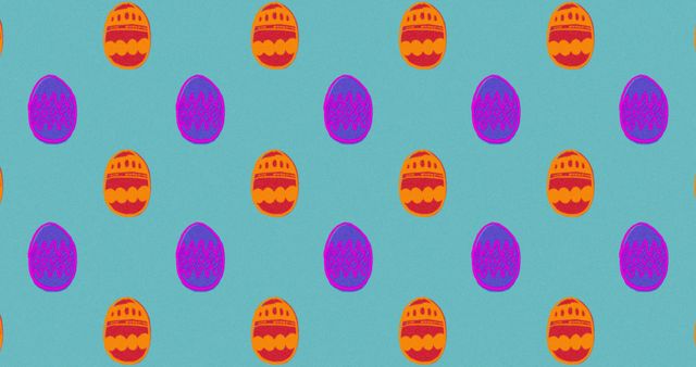 Colorful and vibrant Easter eggs arranged in a continuous pattern against a turquoise backdrop. Perfect for use in holiday marketing materials, festive designs, graphic backdrops for websites or social media promoting Easter celebrations. This digital piece embodies the joy and tradition of the Easter festival.