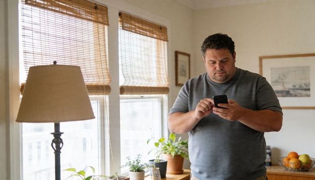 Man checking smartphone near sunlit window with bamboo blinds and indoor plants