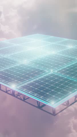 Hovering solar array pulsing with shifting light over pastel clouds, glowing truss