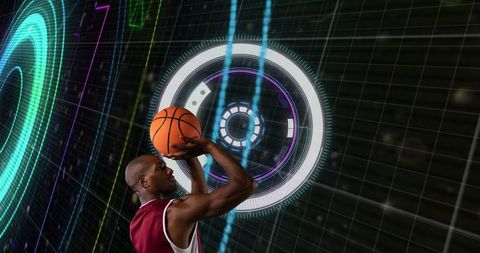 Athletic Man Shooting Basketball in Futuristic Virtual Reality Court