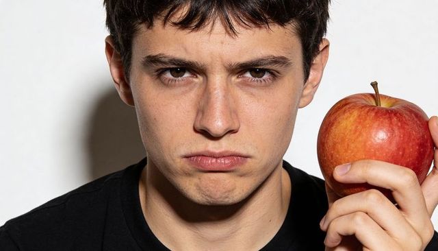Stern young man holding red apple near face studio close-up intense eye contact