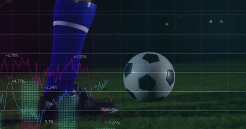 Soccer ball rolling near player shin with data analytics overlay on night stadium turf