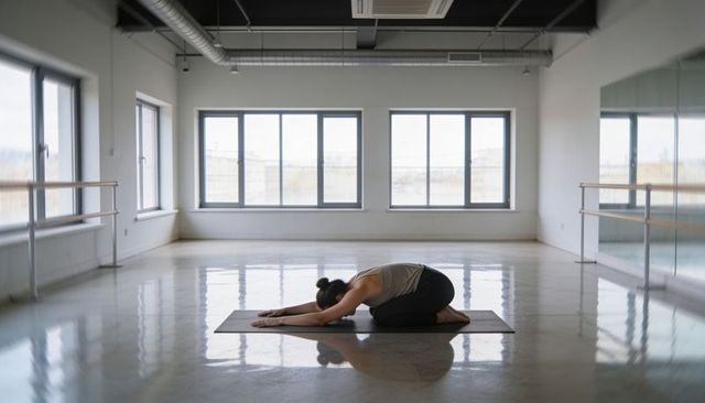 Practicing child's pose in sunlit minimalist yoga studio with barre and reflective floor
