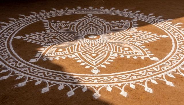 Sunlit rangoli mandala on clay floor with intricate white chalk radial geometric pattern