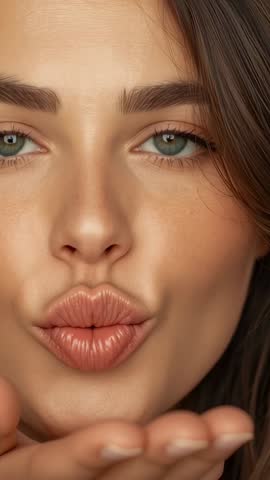 Vertical video close-up of woman blowing kiss to viewer, soft beauty portrait, expressive gesture