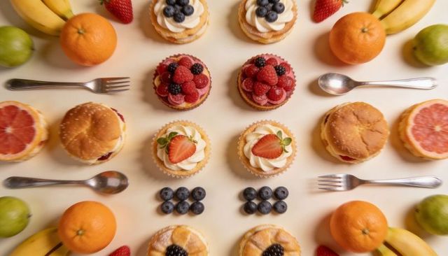 Symmetrical flatlay showcasing assorted fruit tarts, cupcakes and fresh fruit on cream tabletop