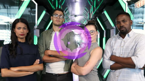 Diverse Business Team with Digital Overlay Displaying Power