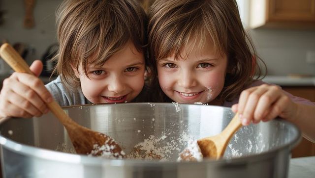 Smiling siblings mixing flour in large stainless steel bowl, baking together in kitchen