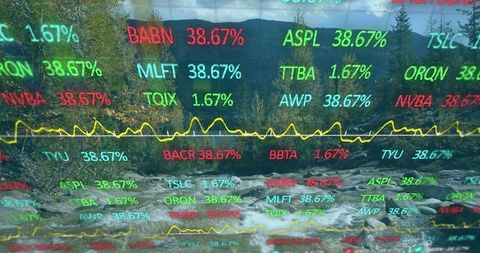 Data visualization overlying serene mountain creek landscape