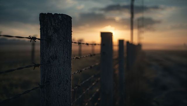 Weathered Fence Post at Sunset with Barbed Wire in Pastoral Landscape