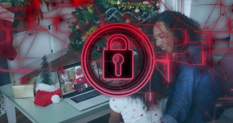 Mother and daughter enjoying online chat with santa claus at christmas