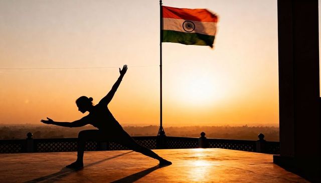Sunrise yoga silhouette stretching on terrace with indian flag