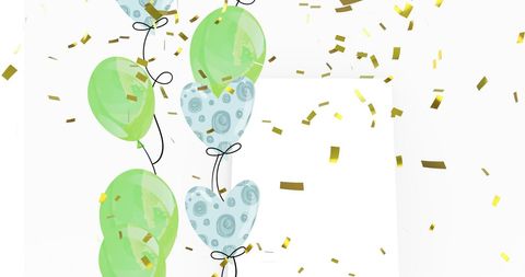 Gold confetti falling among heart-shaped balloons