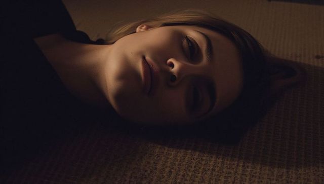 Moody low-light closeup portrait of young woman lying and resting head on textured carpet