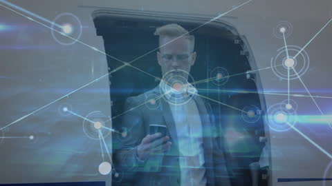 Businessman Using Smartphone with Holographic Data Interface