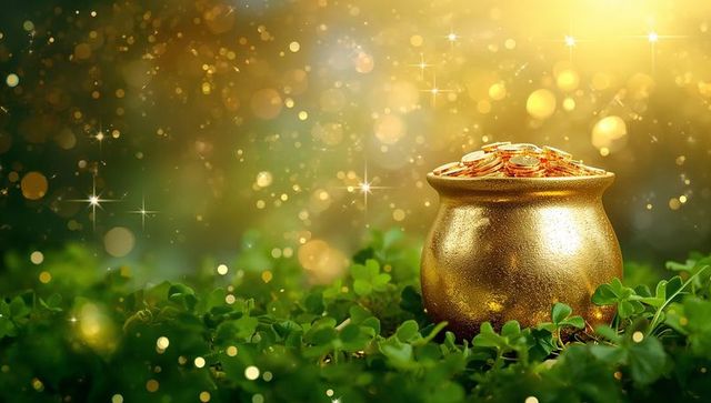Gold pot sitting on clover meadow overflowing with coins, sparkling bokeh, st patrick luck
