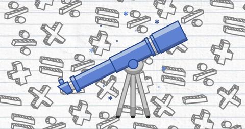 Blue telescope overlaid on mathematical symbols background
