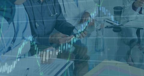 Medical Team Discussing Clinical Data with Candlestick Market Charts Overlay
