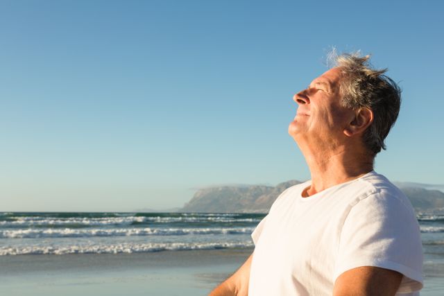 Smiling senior man relaxing at beach against clear sky