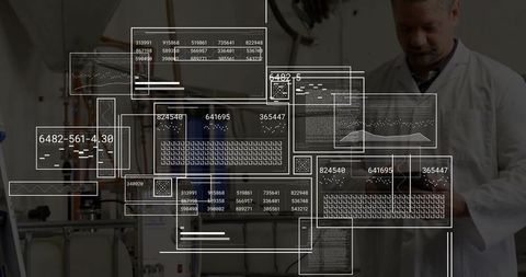 Industrial engineer monitoring tablet in chemical plant with virtual data hud overlays